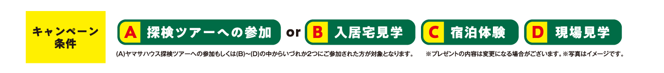 キャンペーン条件:A探検ツアーへの参加orB入居宅見学・C宿泊体験・D現場見学(A)ヤマサハウス探検ツアーへの参加もしくは(B)〜(D)の中からいづれか2つにご参加された方が対象となります。※プレゼントの内容は変更になる場合がございます。※写真はイメージです。