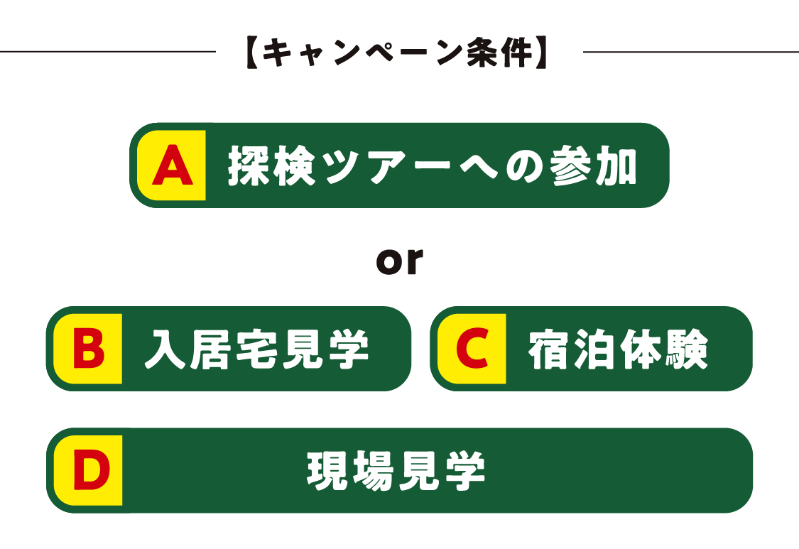 キャンペーン条件:A探検ツアーへの参加orB入居宅見学・C宿泊体験・D現場見学(A)ヤマサハウス探検ツアーへの参加もしくは(B)〜(D)の中からいづれか2つにご参加された方が対象となります。※プレゼントの内容は変更になる場合がございます。※写真はイメージです。