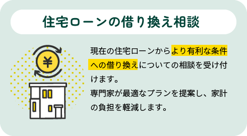 住宅ローンの借り換え相談|現在の住宅ローンからより有利な条件への借り換えについての相談を受け付けます。専門家が最適なプランを提案し、家計の負担を軽減します。