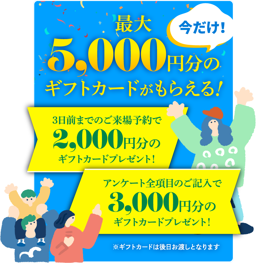 最大5,000円分ギフトカードがもらえる!3日前までのご来場予約で2,000円分のギフトカードプレゼント!アンケート全項目のご記入で3,000円分のギフトカードプレゼント!※ギフトカードは後日お渡しとなります