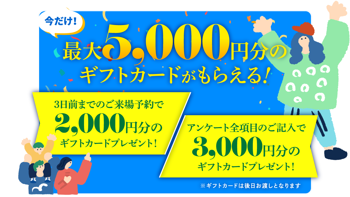 最大5,000円分ギフトカードがもらえる!3日前までのご来場予約で2,000円分のギフトカードプレゼント!アンケート全項目のご記入で3,000円分のギフトカードプレゼント!※ギフトカードは後日お渡しとなります