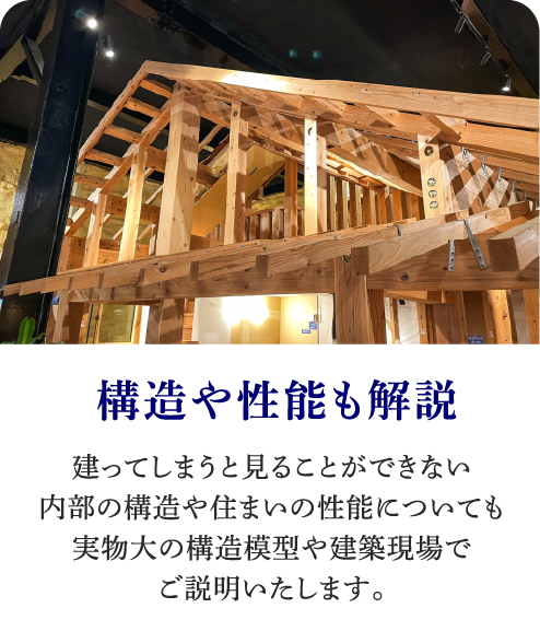 構造や性能も解説|建ってしまうと見ることができない内部の構造や住まいの性能についても実物大の構造模型や建築現場でご説明いたします。