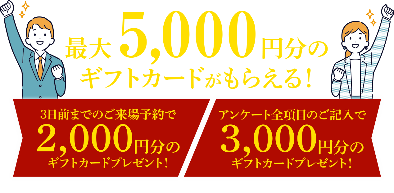 最大5,000円分ギフトカードがもらえる！3日前までのご来場予約で2,000円分のギフトカードプレゼント！アンケート全項目のご記入で3,000円分のギフトカードプレゼント！※ギフトカードは後日お渡しとなります