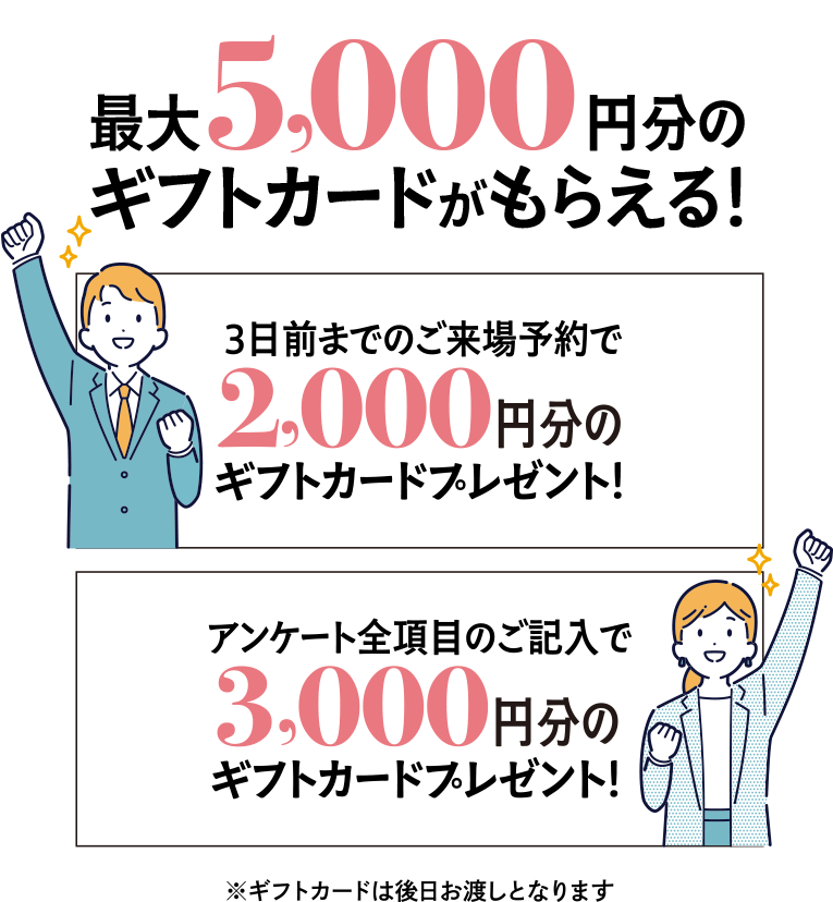 最大5,000円分ギフトカードがもらえる！3日前までのご来場予約で2,000円分のギフトカードプレゼント！アンケート全項目のご記入で3,000円分のギフトカードプレゼント！※ギフトカードは後日お渡しとなります