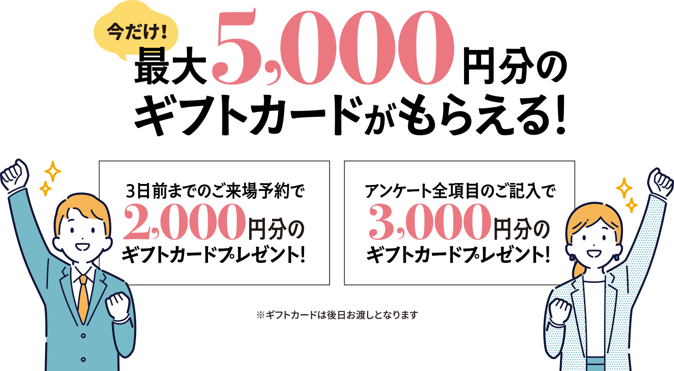 最大5,000円分ギフトカードがもらえる！3日前までのご来場予約で2,000円分のギフトカードプレゼント！アンケート全項目のご記入で3,000円分のギフトカードプレゼント！※ギフトカードは後日お渡しとなります