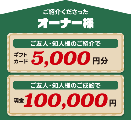 ご紹介くださったオーナー様|ご友人・知人様のご紹介でギフトカード5,000円分、ご友人・知人様のご成約で現金100,000円プレゼント！