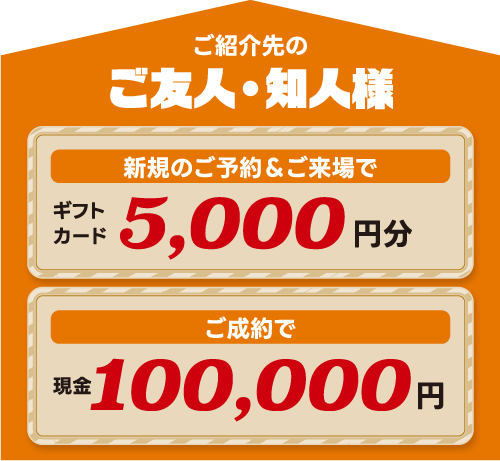 ご紹介先のご友人・知人様|新規のご予約＆ご来場でギフトカード5,000円分、ご成約で現金100,000円プレゼント！